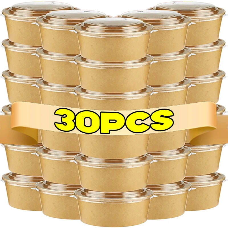 30/10pcs Disposable Kraft Paper Bowls Packaging Boxes with Lids for Hot Soup Salad Noodles Ice Cream Food Containers Lunch Box