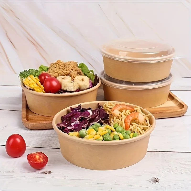 30/10pcs Disposable Kraft Paper Bowls Packaging Boxes with Lids for Hot Soup Salad Noodles Ice Cream Food Containers Lunch Box