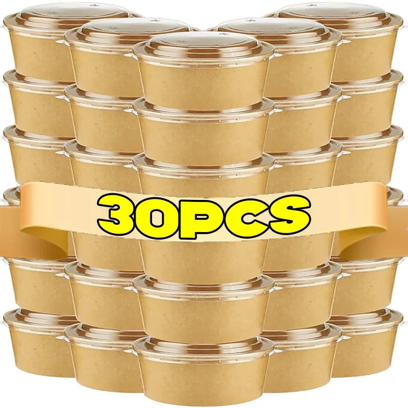 30/10pcs Disposable Kraft Paper Bowls Packaging Boxes with Lids for Hot Soup Salad Noodles Ice Cream Food Containers Lunch Box